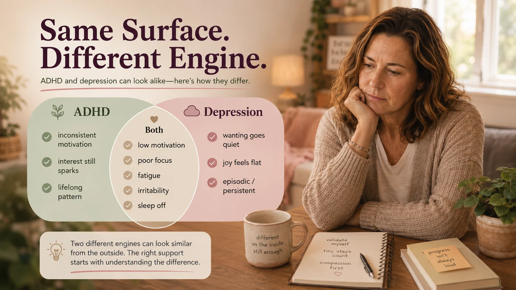 Infographic comparing ADHD and depression overlap, showing shared symptoms like low motivation, poor focus, fatigue, irritability, and sleep problems, with different underlying patterns for ADHD and depression.