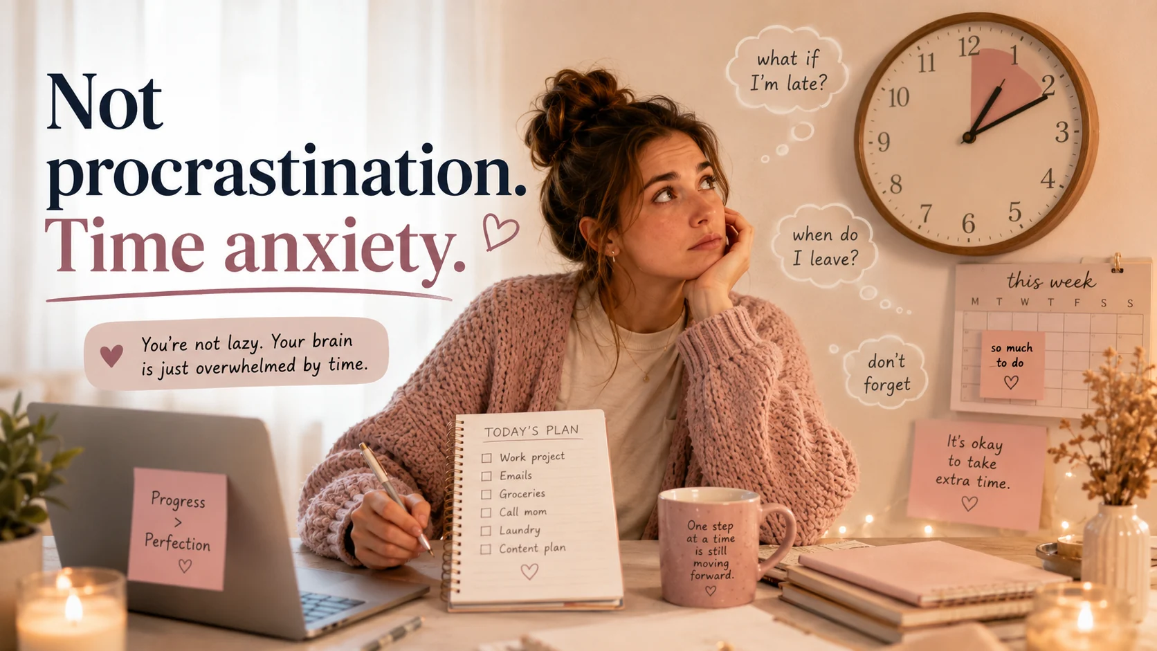 Woman with ADHD sitting at a desk feeling overwhelmed by time anxiety before an upcoming appointment.