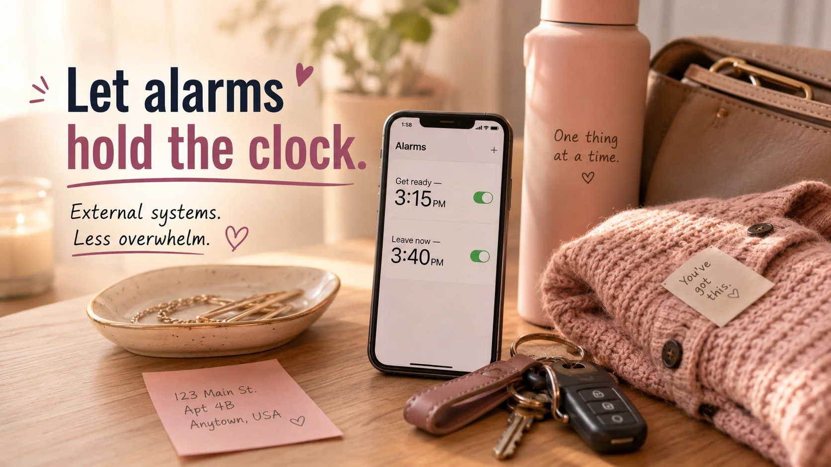 Phone showing two alarms for getting ready and leaving now, with keys and a bag prepared for an ADHD waiting mode reset.