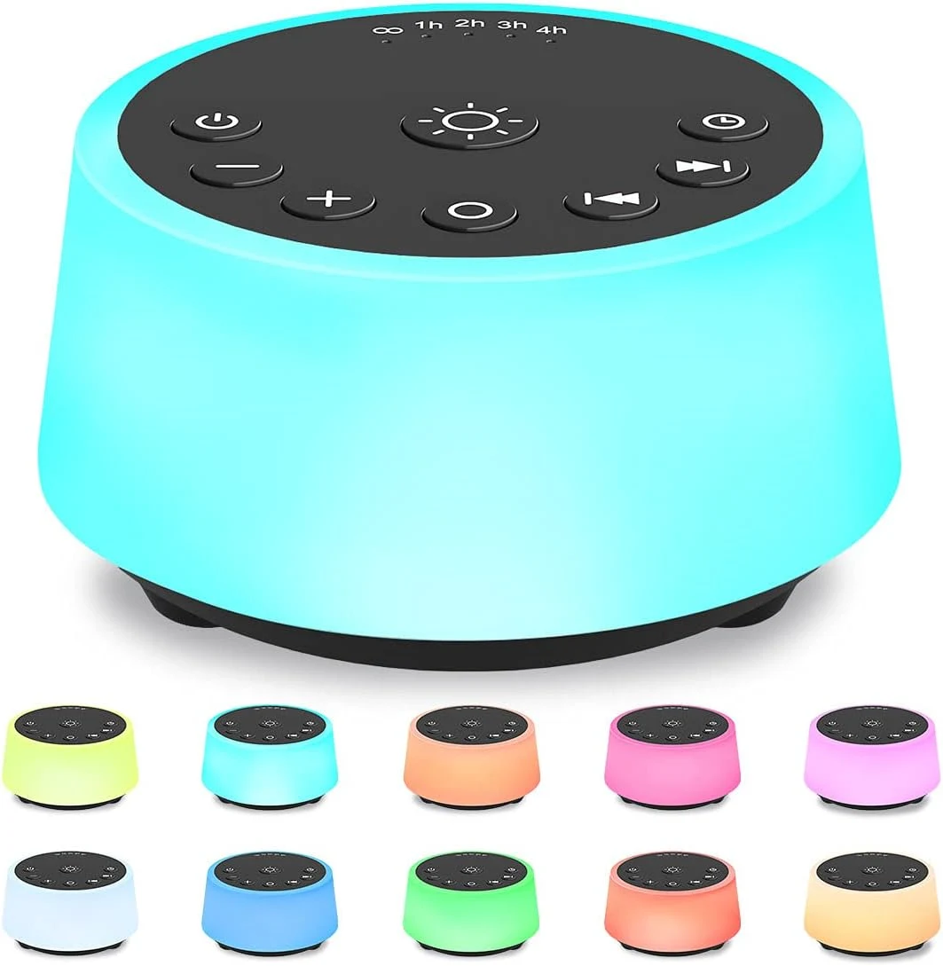 Portable white noise sound machine with adjustable brightness and multiple soothing sounds for blocking office distractions.