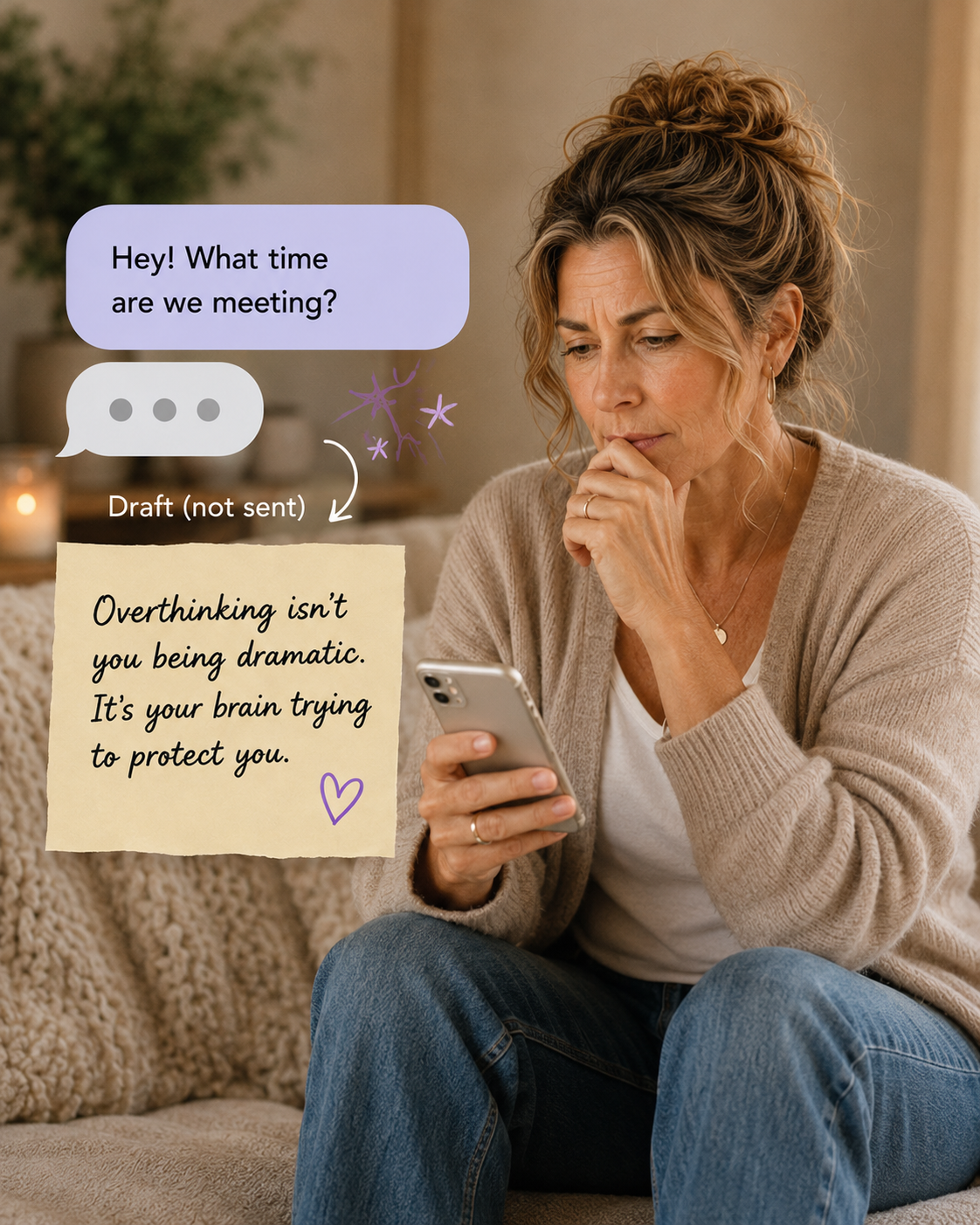Michelle looking at her phone while overthinking a simple text message, representing rejection sensitivity and ADHD overthinking.