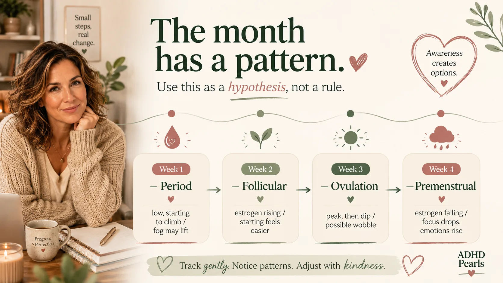 ADHD cycle infographic mapping four approximate weeks - period, follicular phase, ovulation and the premenstrual week - with the changes in focus, fog and emotional intensity many women notice.