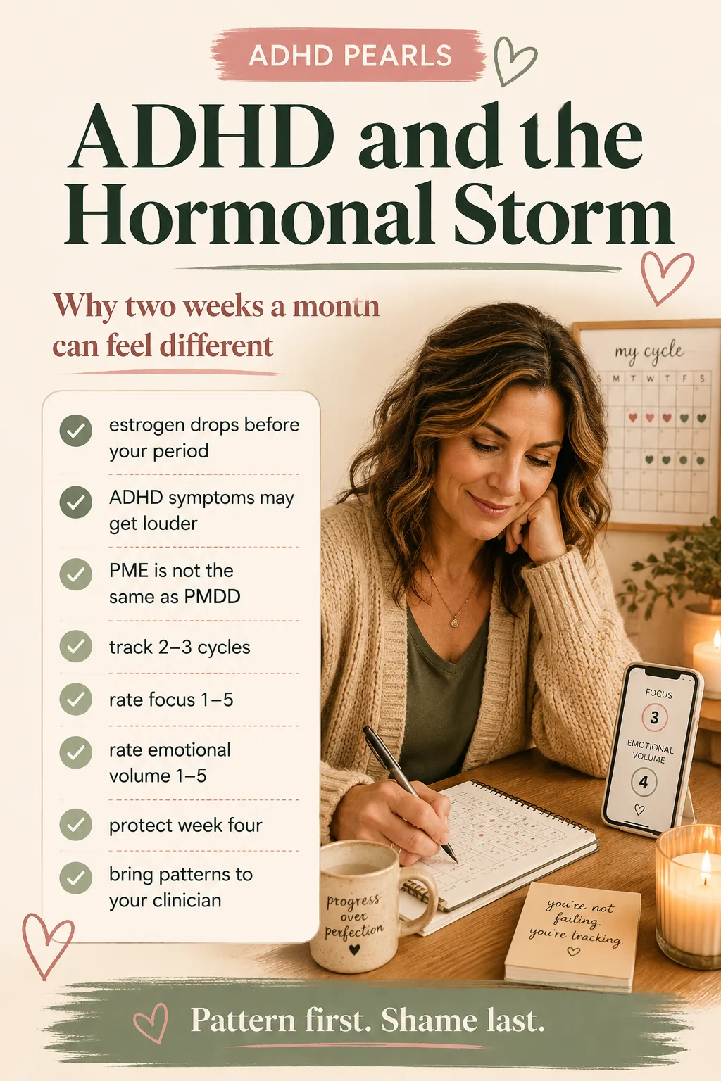 Pinterest pin about ADHD and hormonal changes before a period, explaining that falling estrogen may make ADHD symptoms louder, that PME is not the same as PMDD, and that tracking focus and emotional volume across cycles can reveal a pattern to discuss with a clinician.