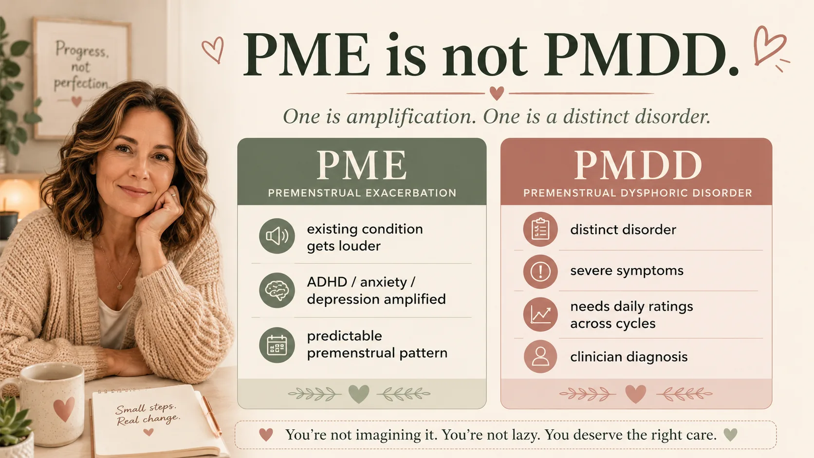 Infographic comparing PME and PMDD, showing that PME is existing symptoms getting louder before a period while PMDD is a distinct disorder that needs clinical evaluation.