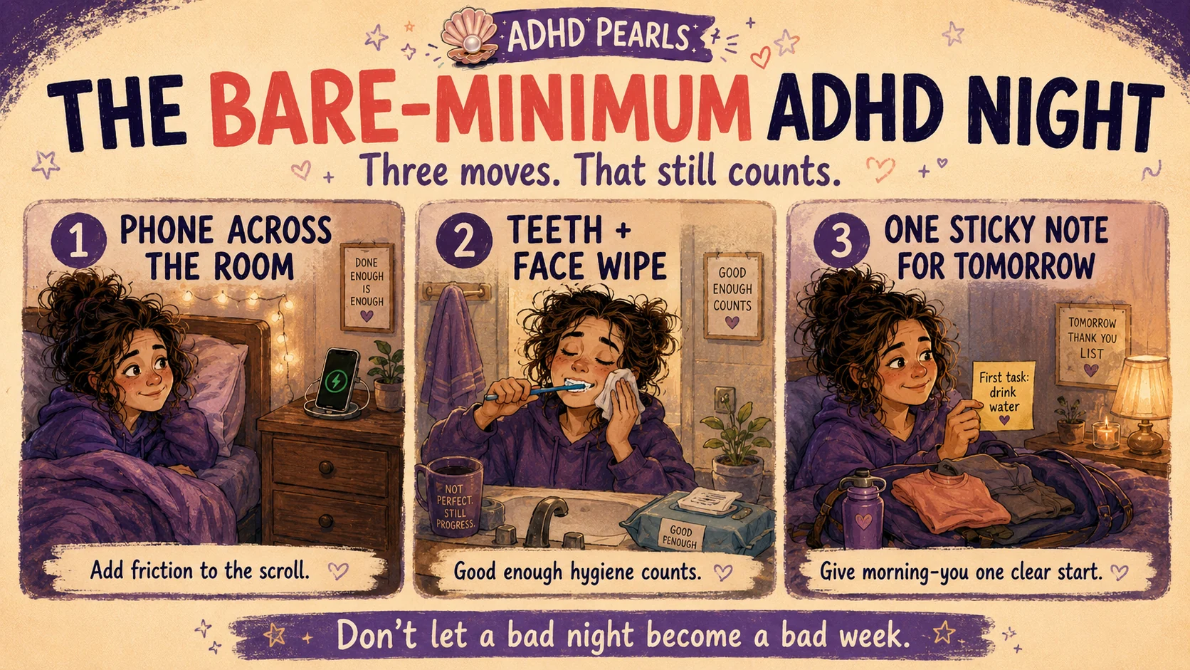 Three-step bare-minimum ADHD night routine using a phone across the room, teeth and a face wipe, and one sticky note for tomorrow.