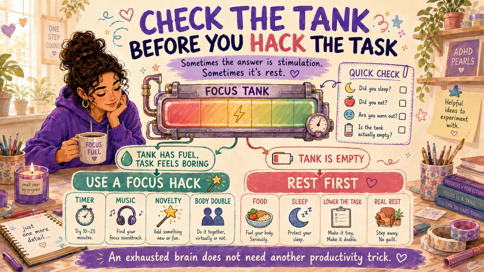 Focus-tank check comparing a boring task that may benefit from stimulation with genuine depletion that needs food, sleep, a smaller task or rest.