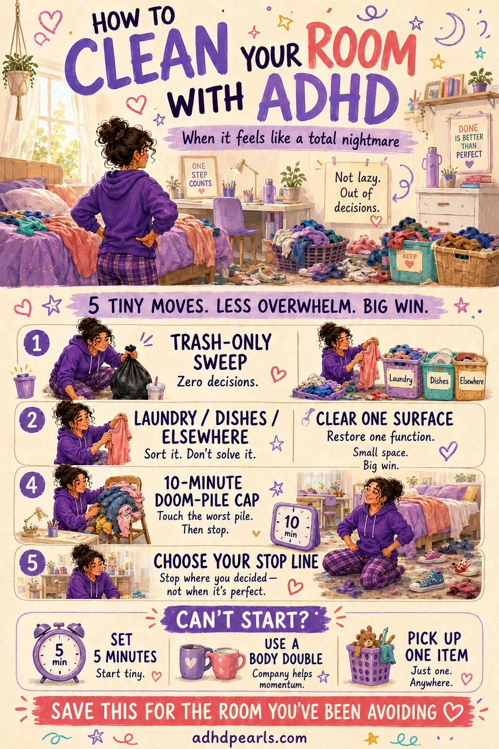 Vertical Pinterest guide showing five small ADHD room-cleaning moves and three ways to start when the room feels overwhelming.