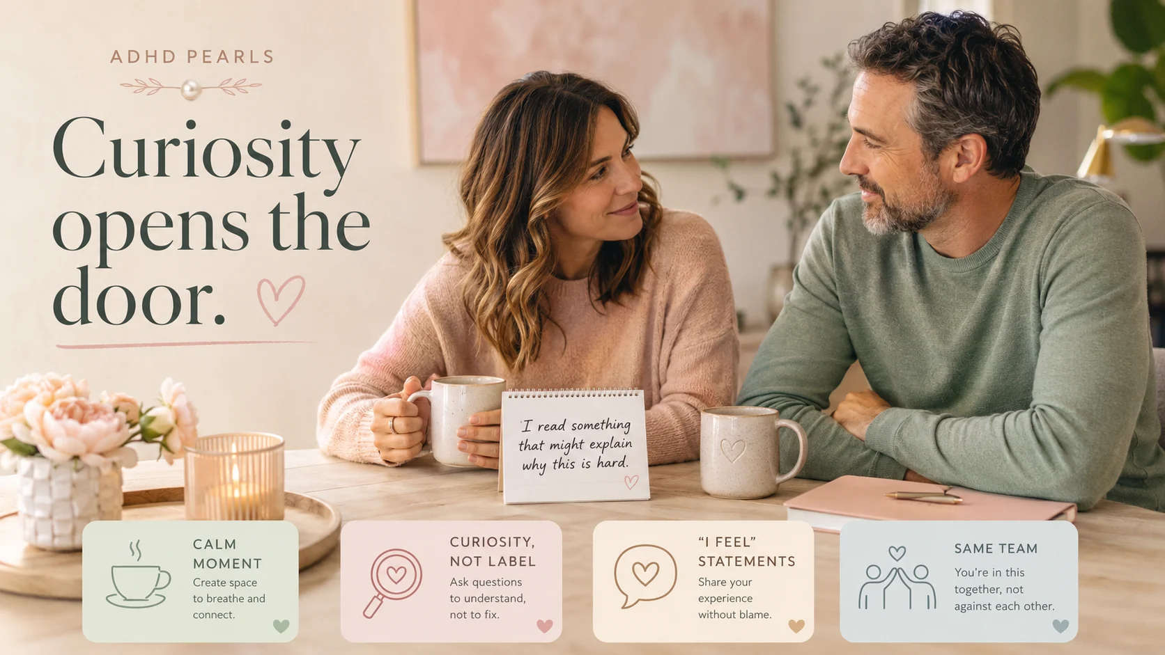 Couple having a calm conversation with coffee and a note that says this might explain why things have been hard, illustrating a gentle ADHD conversation starter.