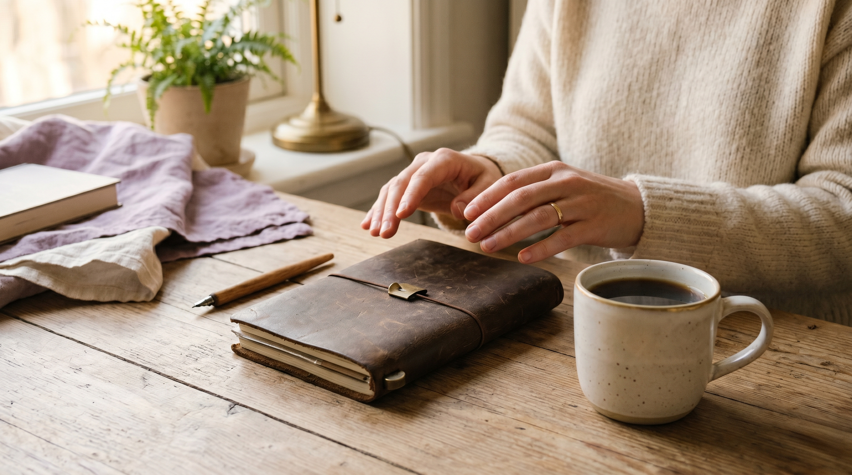 A quiet morning desk scene — a notebook, a cooling coffee cup, and a pair of hands hovering uncertainly over them