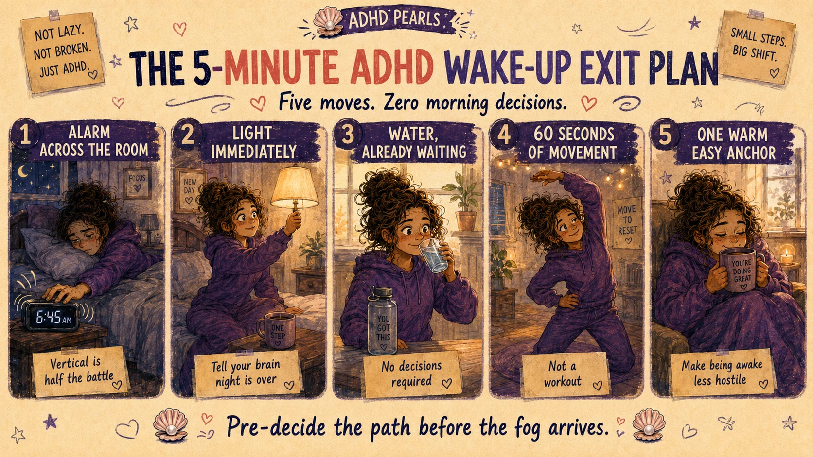 Five-minute ADHD wake-up plan using an alarm across the room, immediate light, prepared water, brief movement and one warm anchor.
