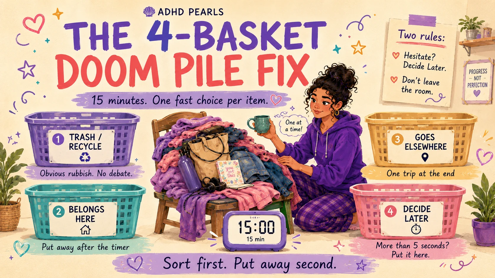 Four-basket ADHD doom-pile system using Trash or Recycle, Belongs Here, Goes Elsewhere and Decide Later with a 15-minute timer.