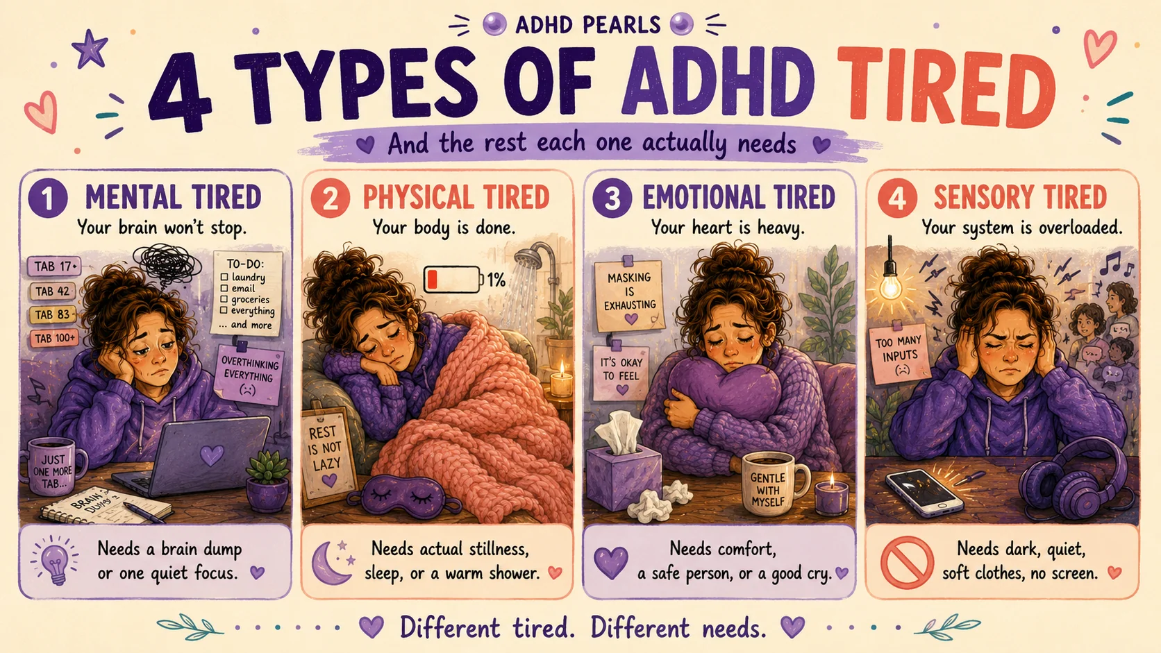 Four types of ADHD tired: mental, physical, emotional and sensory, with the kind of rest each one needs.