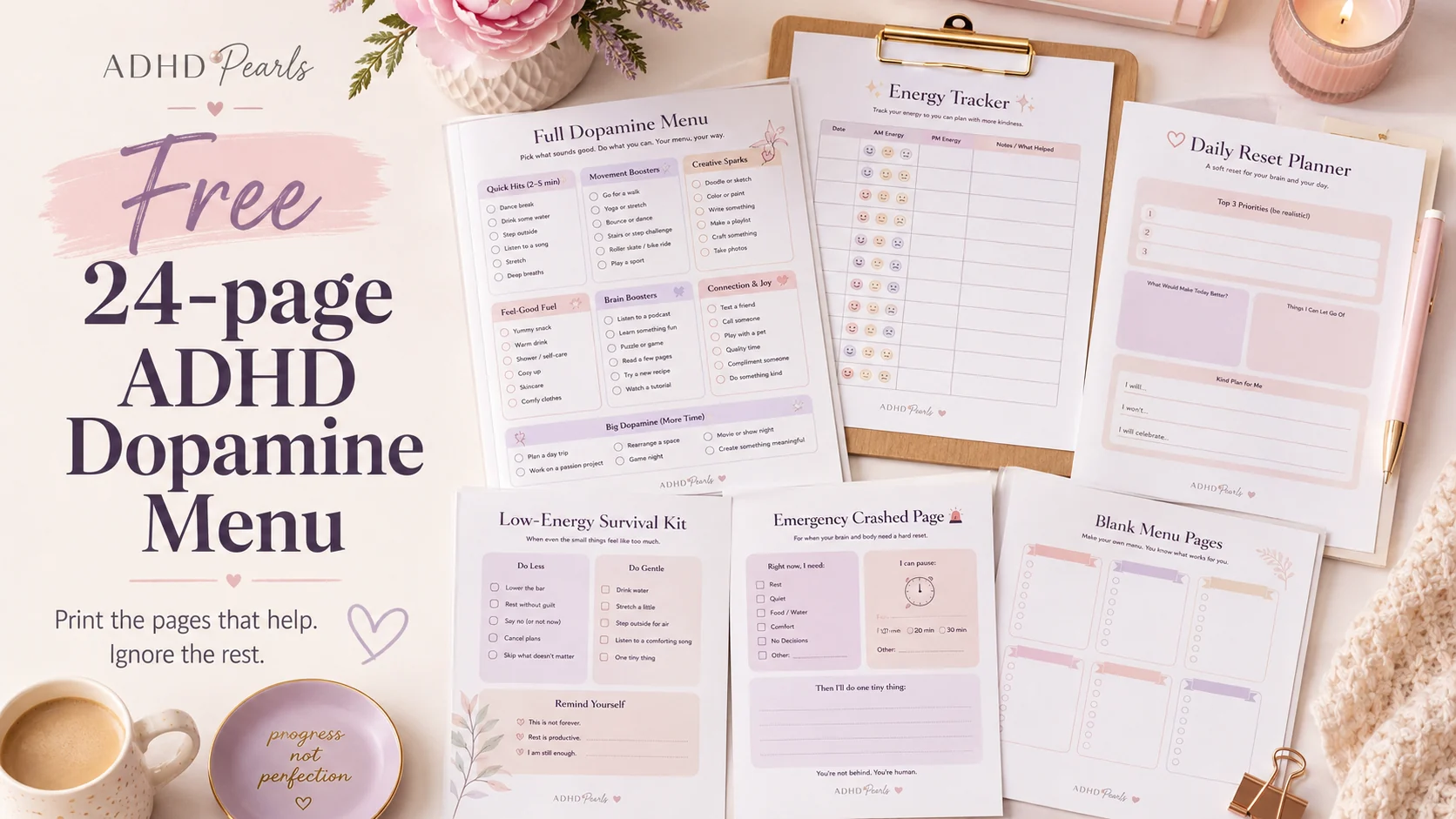 Free 24-page ADHD dopamine menu printable shown as a pastel desk mockup with menu pages, energy tracker, daily reset planner, survival kit, emergency page, and blank templates.