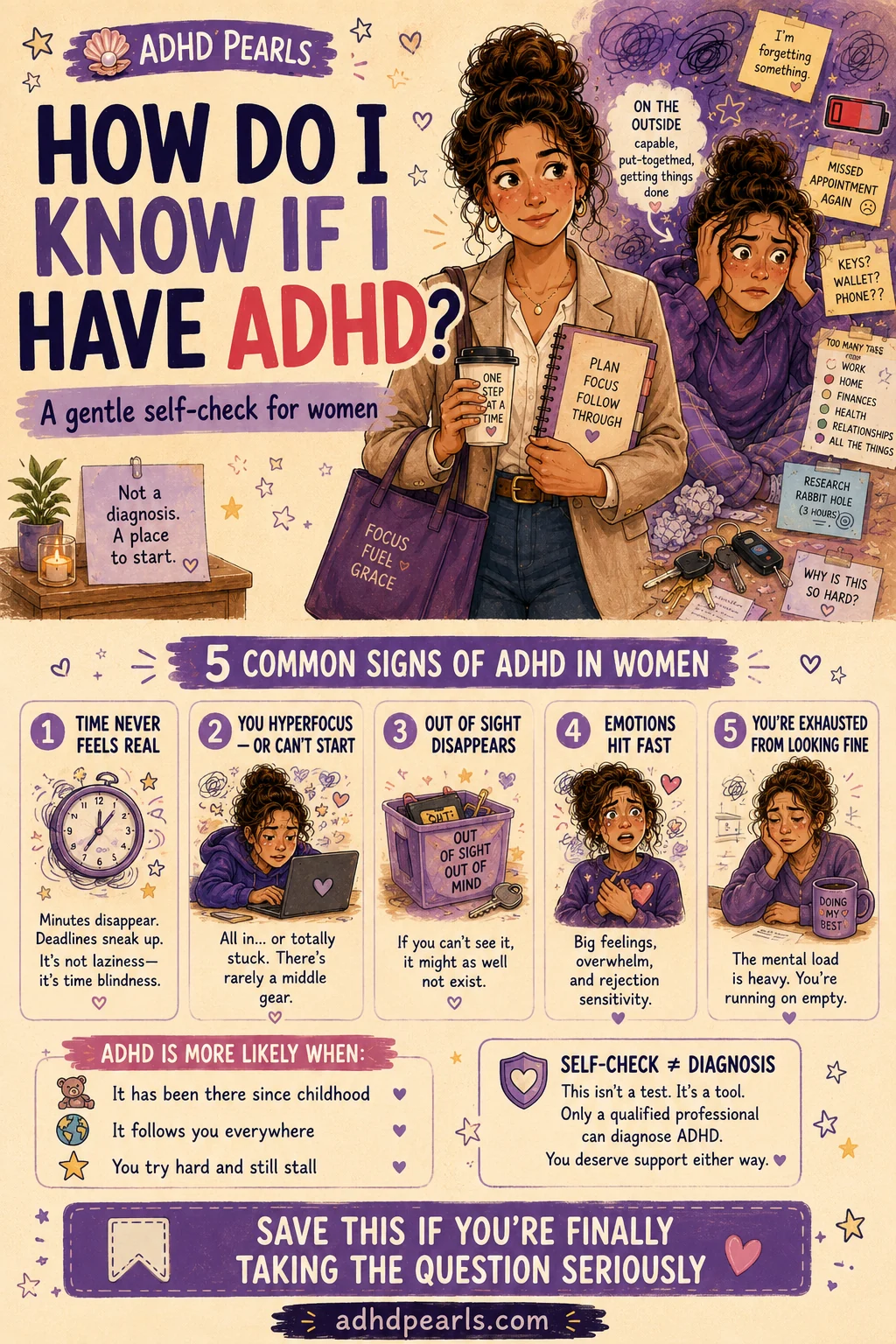 Vertical Pinterest self-check showing five common ADHD signs in women, lifelong-pattern indicators and a reminder that self-checking is not diagnosis.