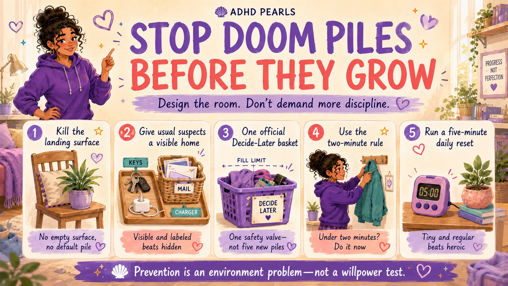 Five ways to prevent ADHD doom piles using fewer landing surfaces, visible storage, one capped basket, the two-minute rule and a daily reset.
