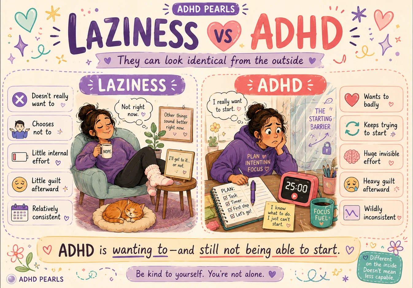 Visual comparison between laziness and ADHD across wanting, effort, guilt, consistency and difficulty starting.