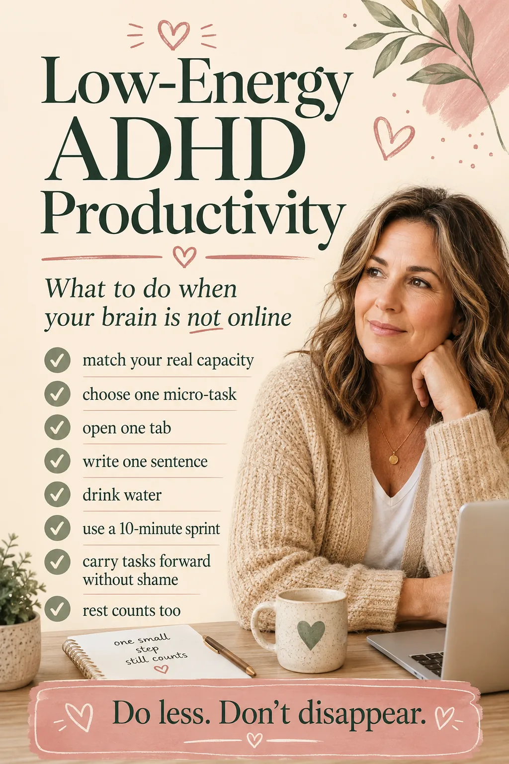 Pinterest pin for low-energy ADHD productivity with tips like matching real capacity, choosing one micro-task, opening one tab, writing one sentence, drinking water, using a 10-minute sprint, carrying tasks forward without shame, and remembering that rest counts too.