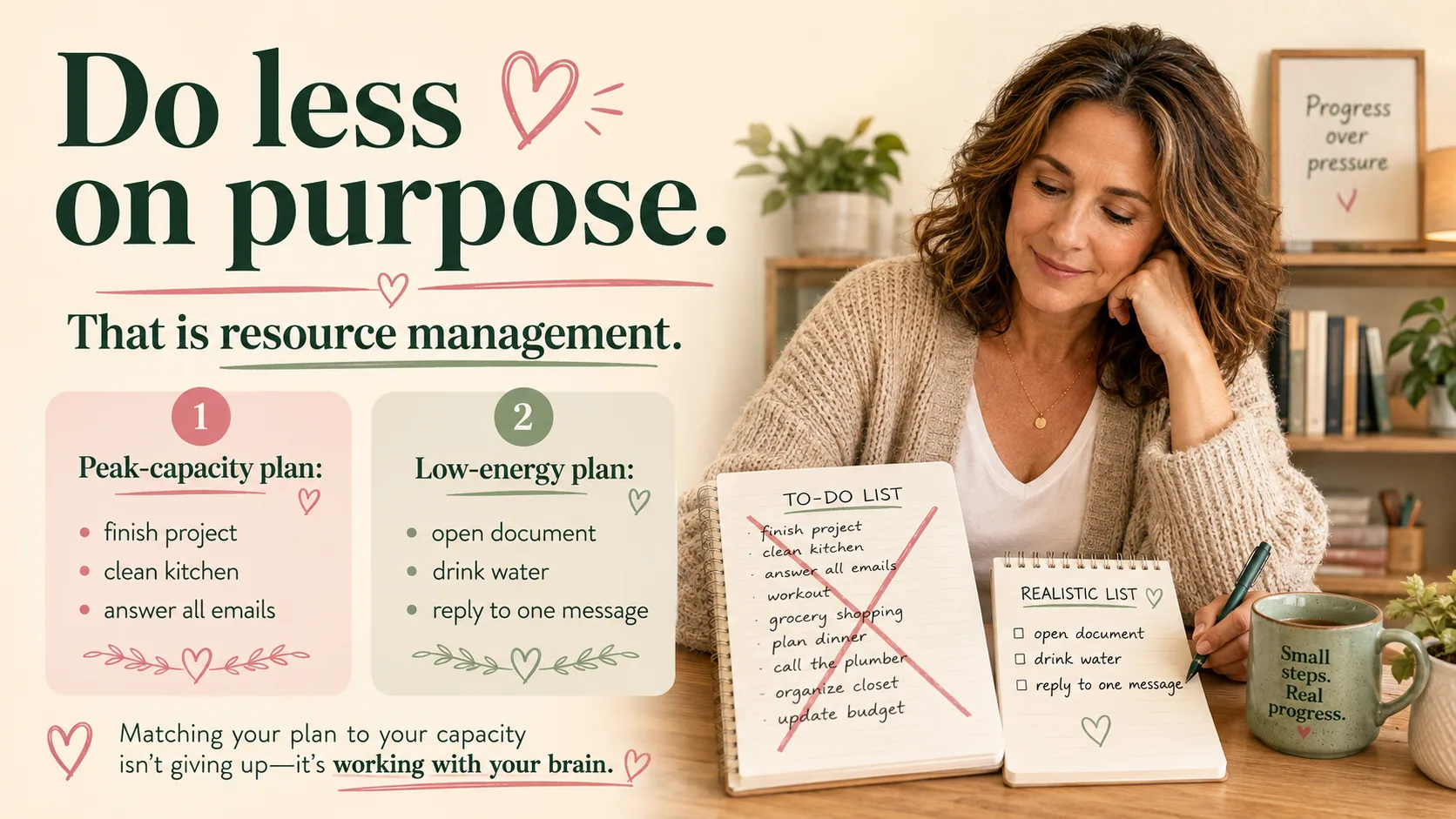 Woman with ADHD replacing an overwhelming to-do list with a smaller realistic low-energy plan, showing that doing less on purpose is resource management.
