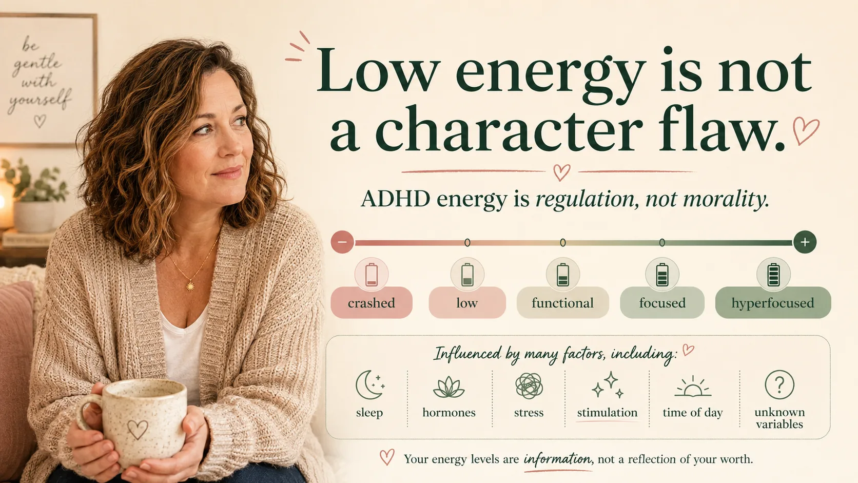 ADHD energy regulation infographic showing energy levels from crashed to hyperfocused and factors that influence energy such as sleep, hormones, stress, stimulation, time of day, and unknown variables.