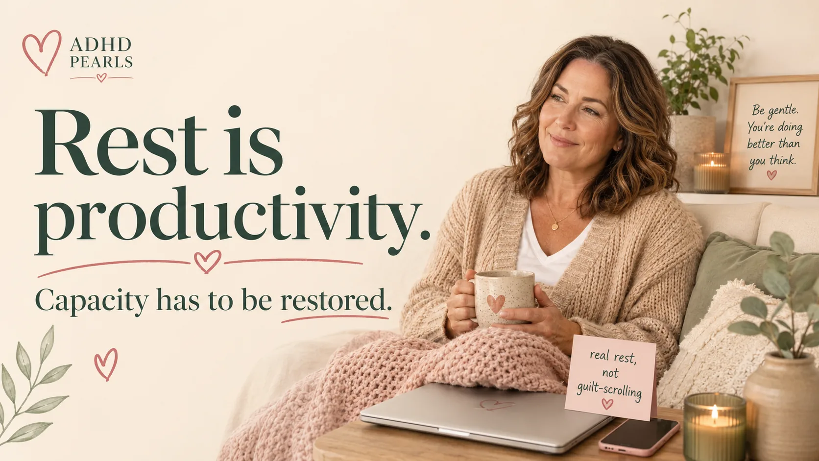 Woman with ADHD taking real rest with her laptop closed and phone set aside, showing that rest can restore capacity on low-energy days.