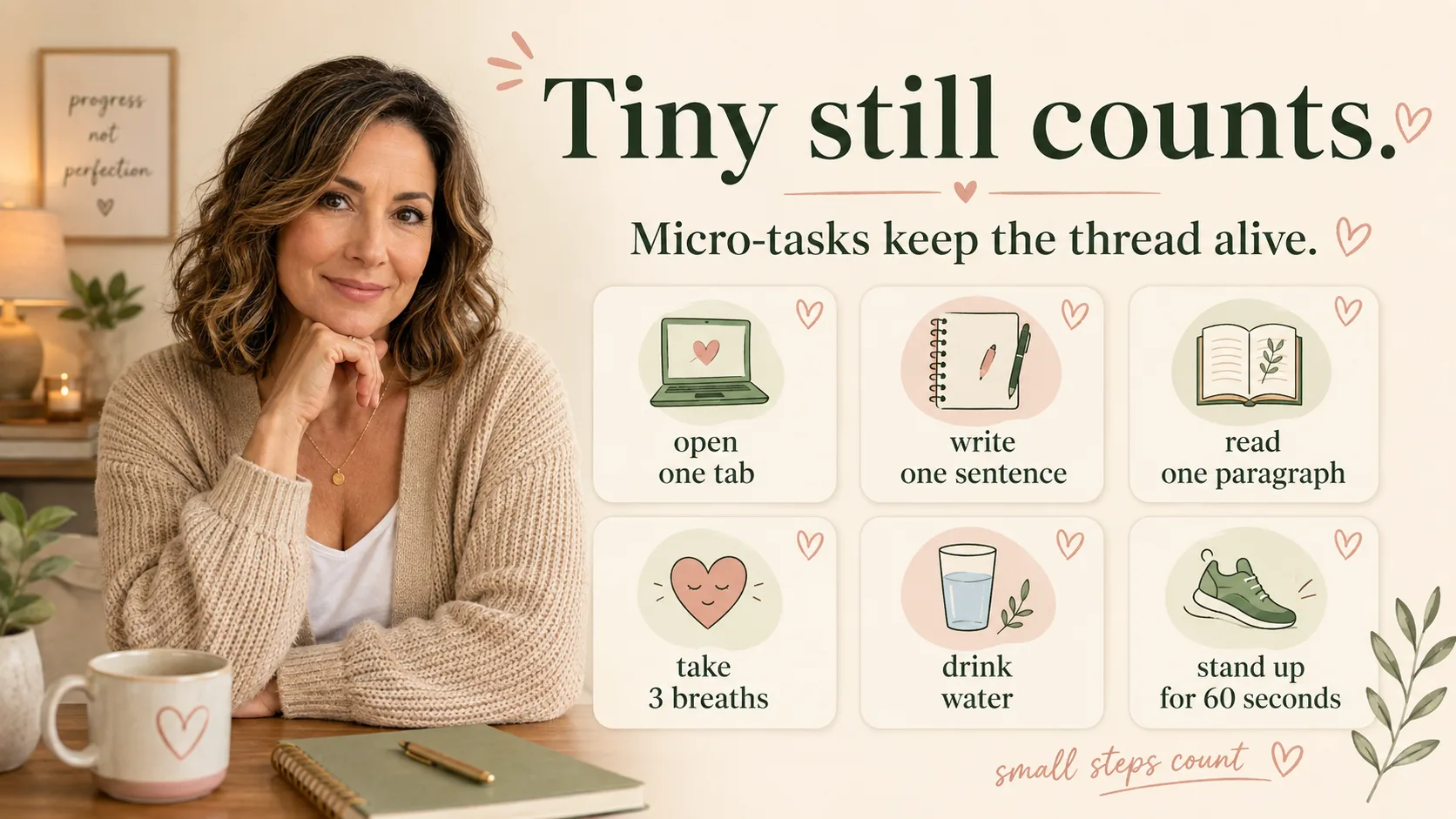 ADHD micro-task infographic showing tiny low-energy tasks like opening one tab, writing one sentence, reading one paragraph, taking three breaths, drinking water, and standing up for 60 seconds.