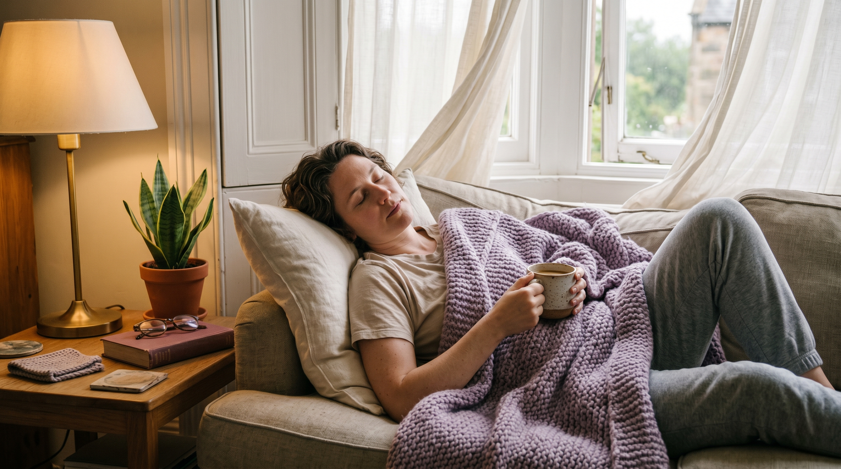 A cozy illustration of someone resting on a couch with a warm drink, a small plant, and soft light — rest as valid productivity