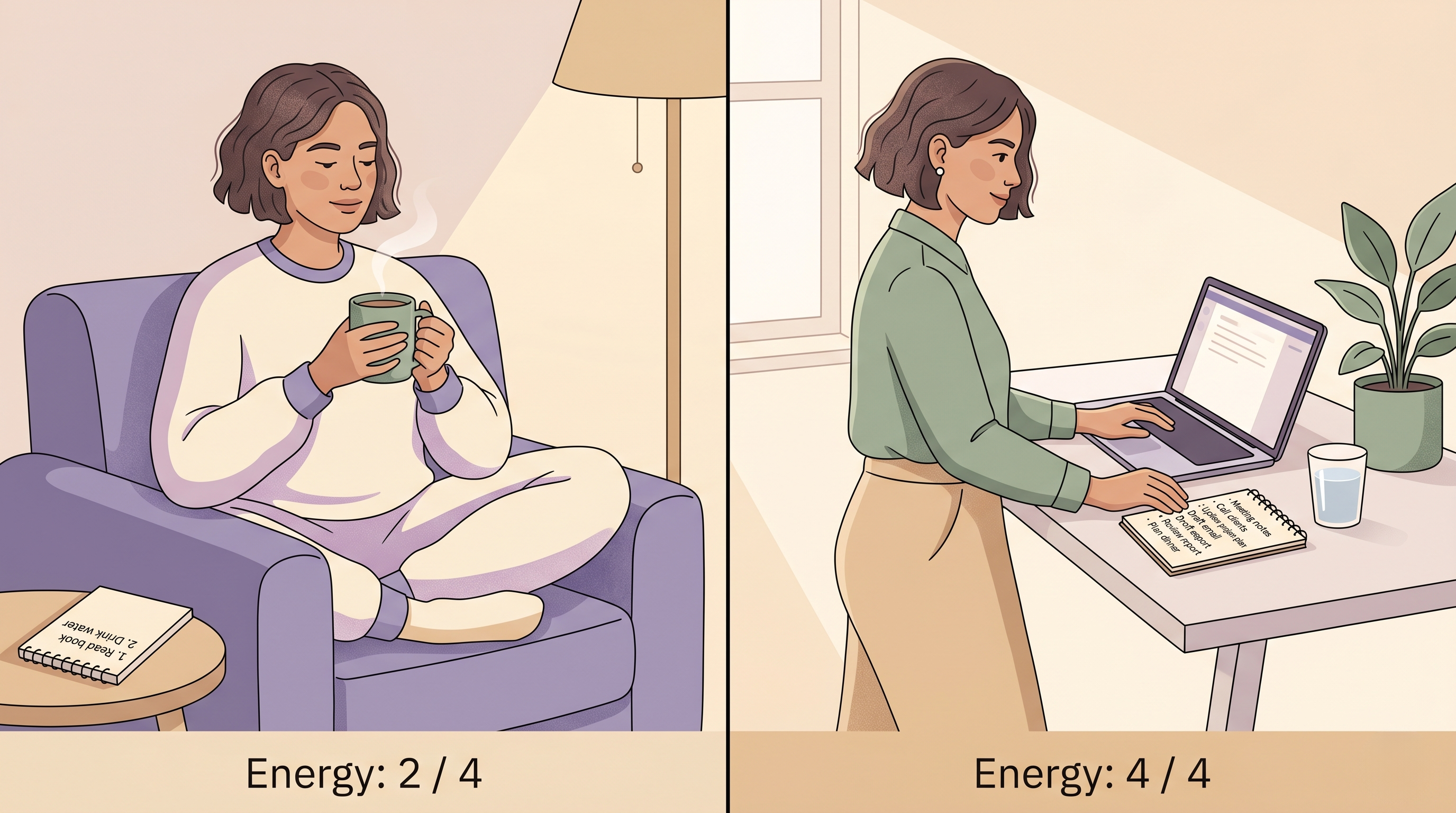 Two side-by-side illustrations: the same person on a low-energy day vs a high-energy day, with different task loads