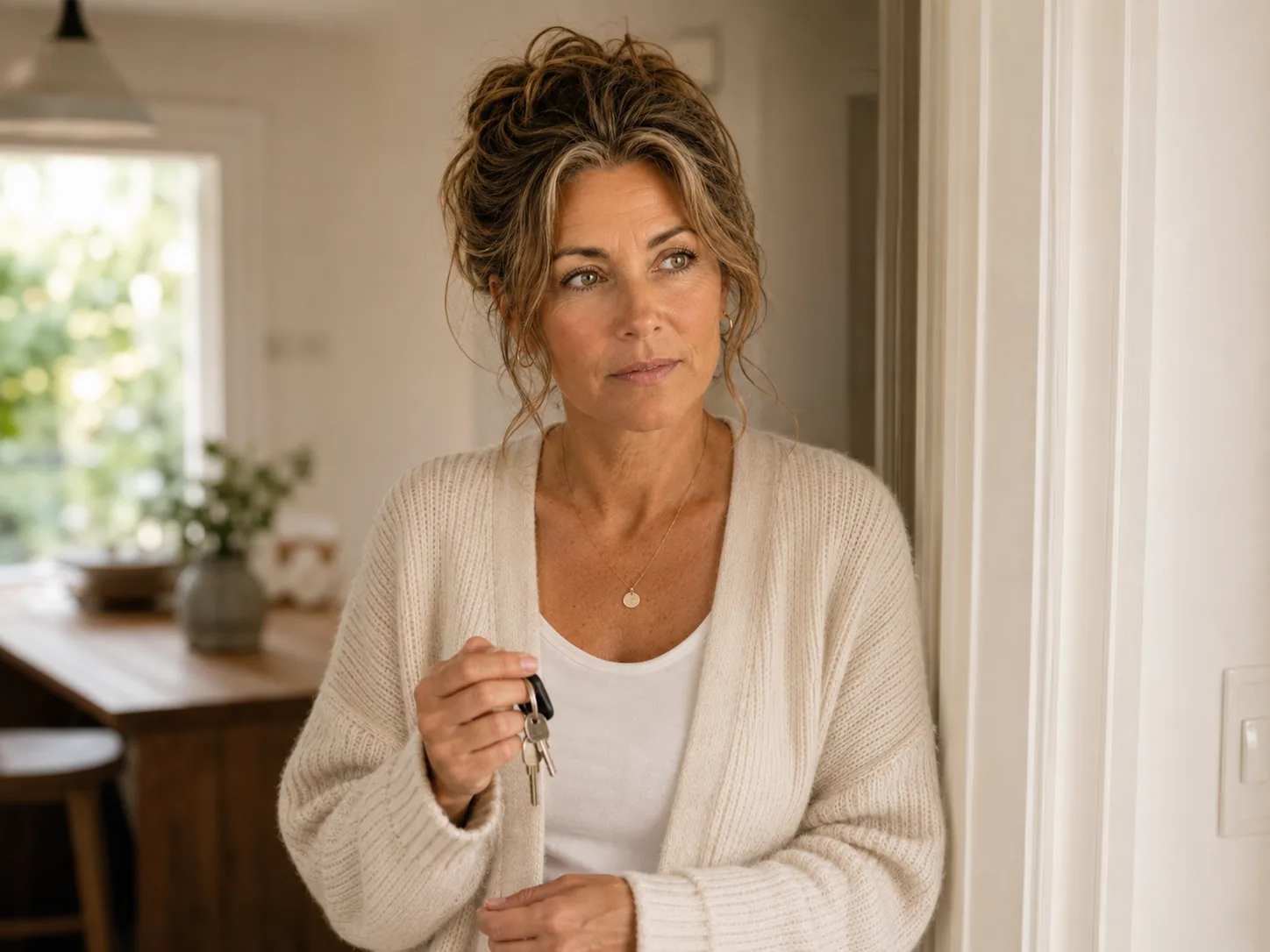 A woman with ADHD standing indoors holding keys in a paused moment, representing brain fog, forgetfulness, and mental overload.