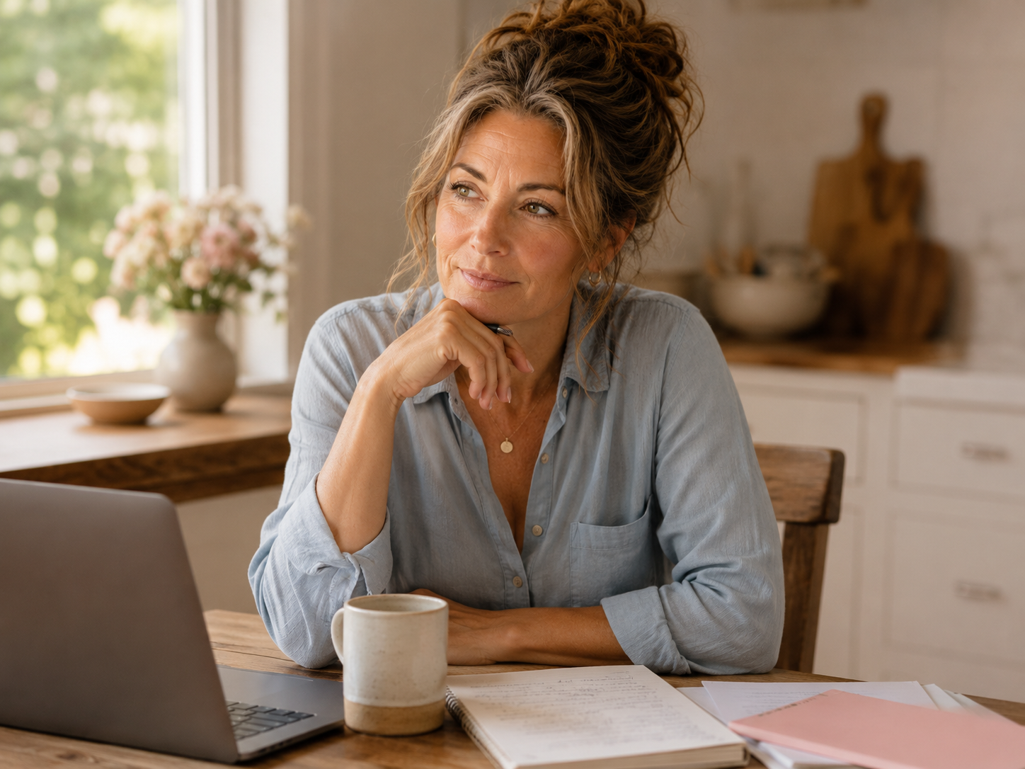 Michelle sitting at a desk with a planner, laptop, sticky notes, and coffee, representing broken routines and ADHD overwhelm in midlife.