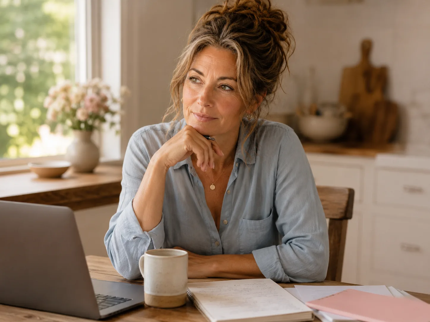 A woman with ADHD sitting at a desk with a planner, laptop, sticky notes, and coffee, representing broken routines and ADHD overwhelm in midlife.