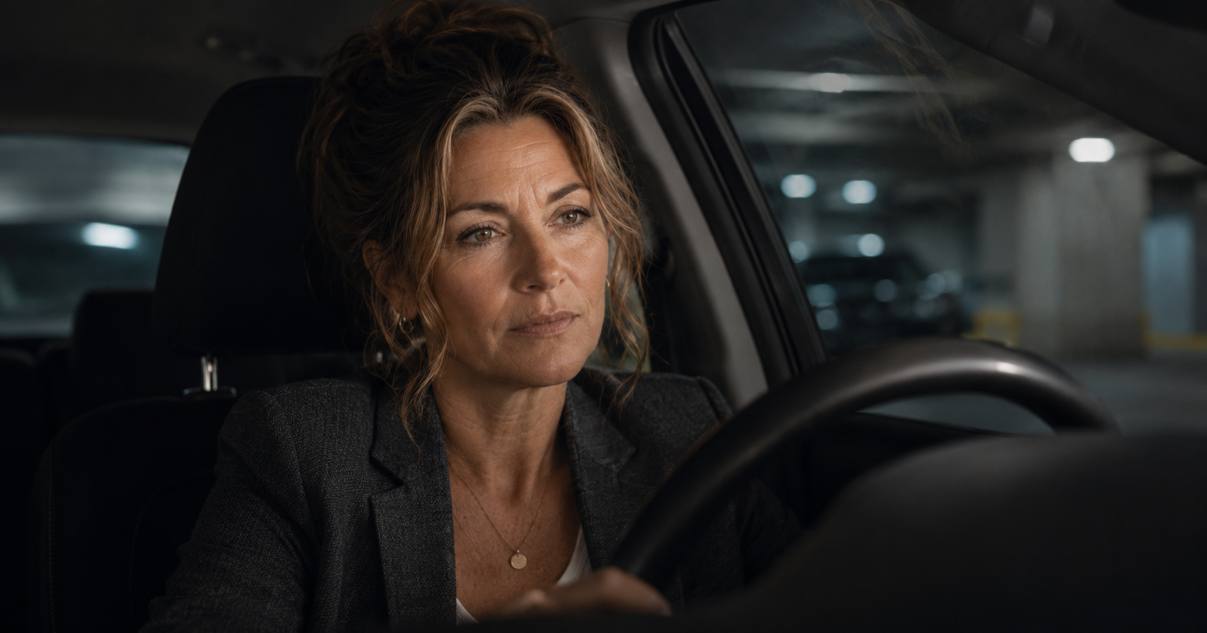 Woman in her late 40s sitting numb in a parked car in a dim parking garage after losing a job, a common experience for undiagnosed ADHD adults