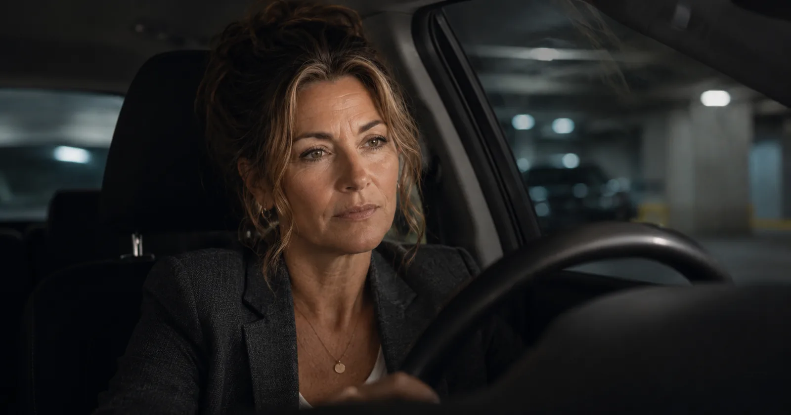 Woman in her late 40s sitting numb in a parked car in a dim parking garage after losing a job, a common experience for undiagnosed ADHD adults