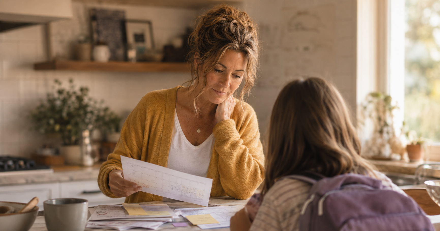 Woman in her late 40s managing a pile of school forms and a calendar in her kitchen while her child stands nearby, showing the mental load of undiagnosed ADHD