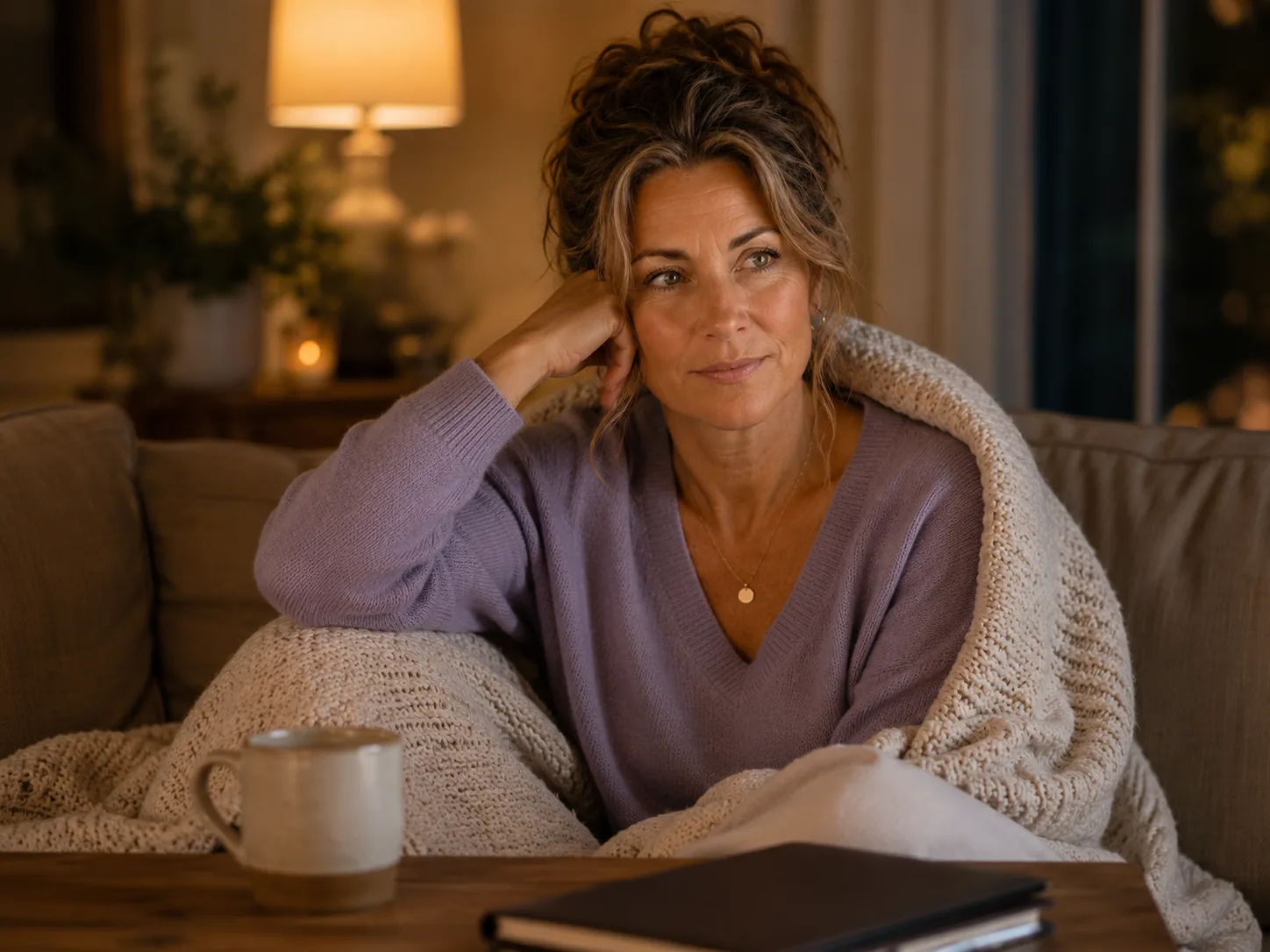 A woman with ADHD sitting on a couch in the evening wrapped in a blanket, showing quiet exhaustion and emotional depletion in midlife ADHD.