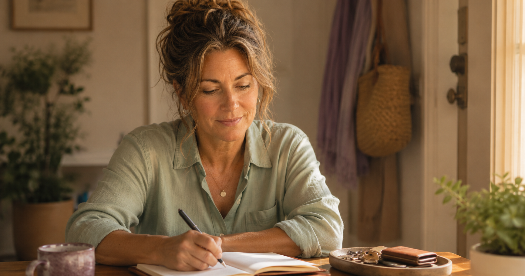 Woman in her late 40s calmly writing in a planner at a tidy desk with keys in a tray by the door, showing simple ADHD-friendly systems that reduce friction