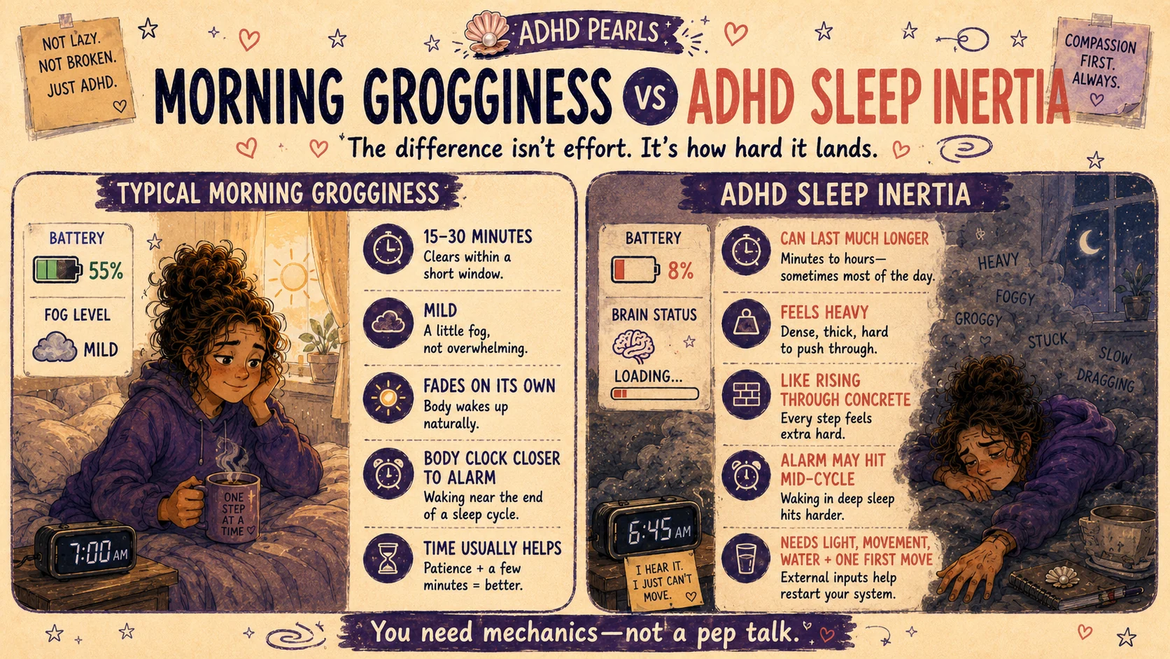 Comparison between typical morning grogginess and ADHD sleep inertia, including duration, intensity, body-clock timing and useful wake-up cues.