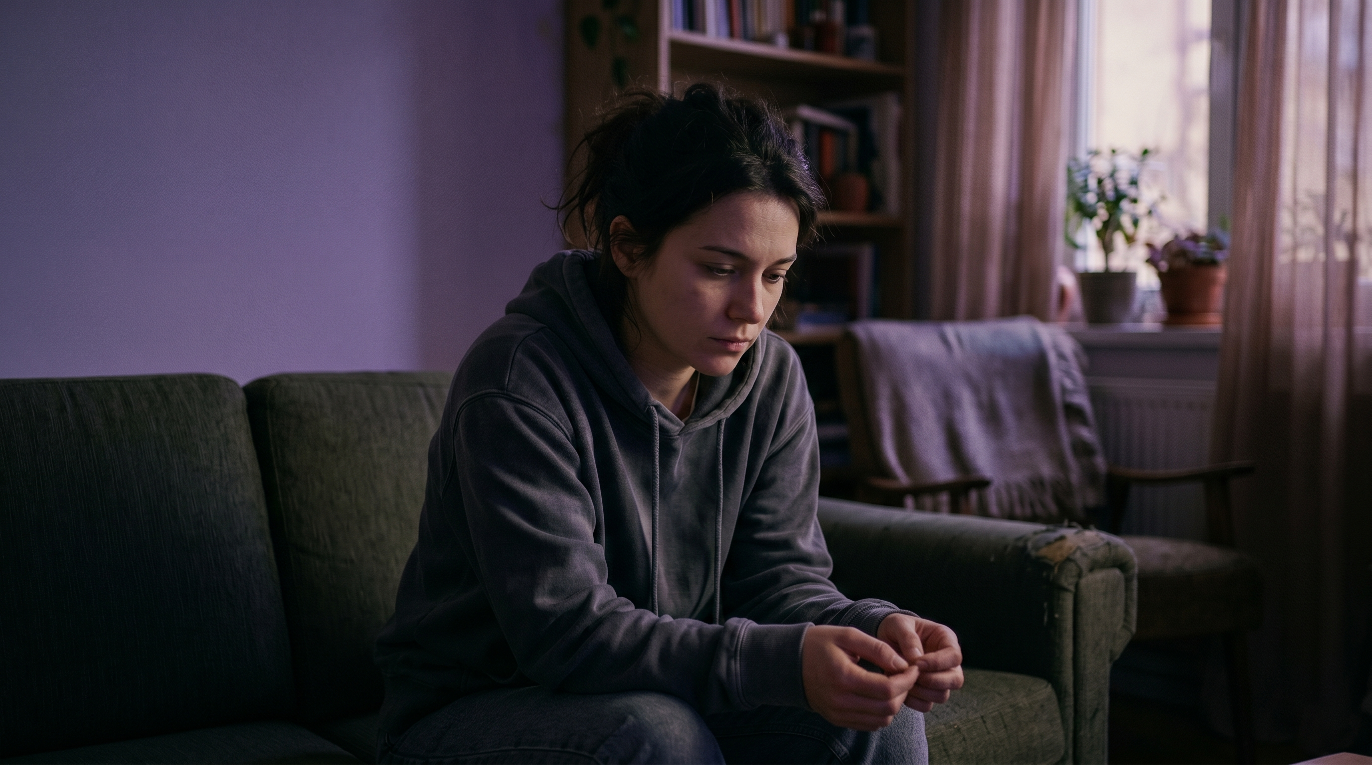 Woman sitting alone on a couch in quiet emotional pain after perceived rejection — a sign of rejection sensitive dysphoria (RSD) in ADHD