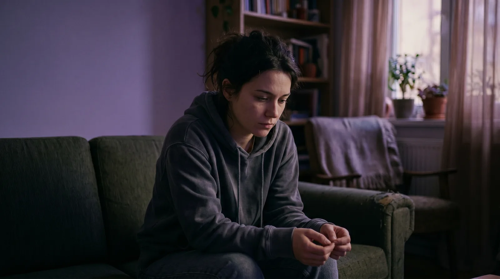 Woman sitting alone on a couch in quiet emotional pain after perceived rejection — a sign of rejection sensitive dysphoria (RSD) in ADHD