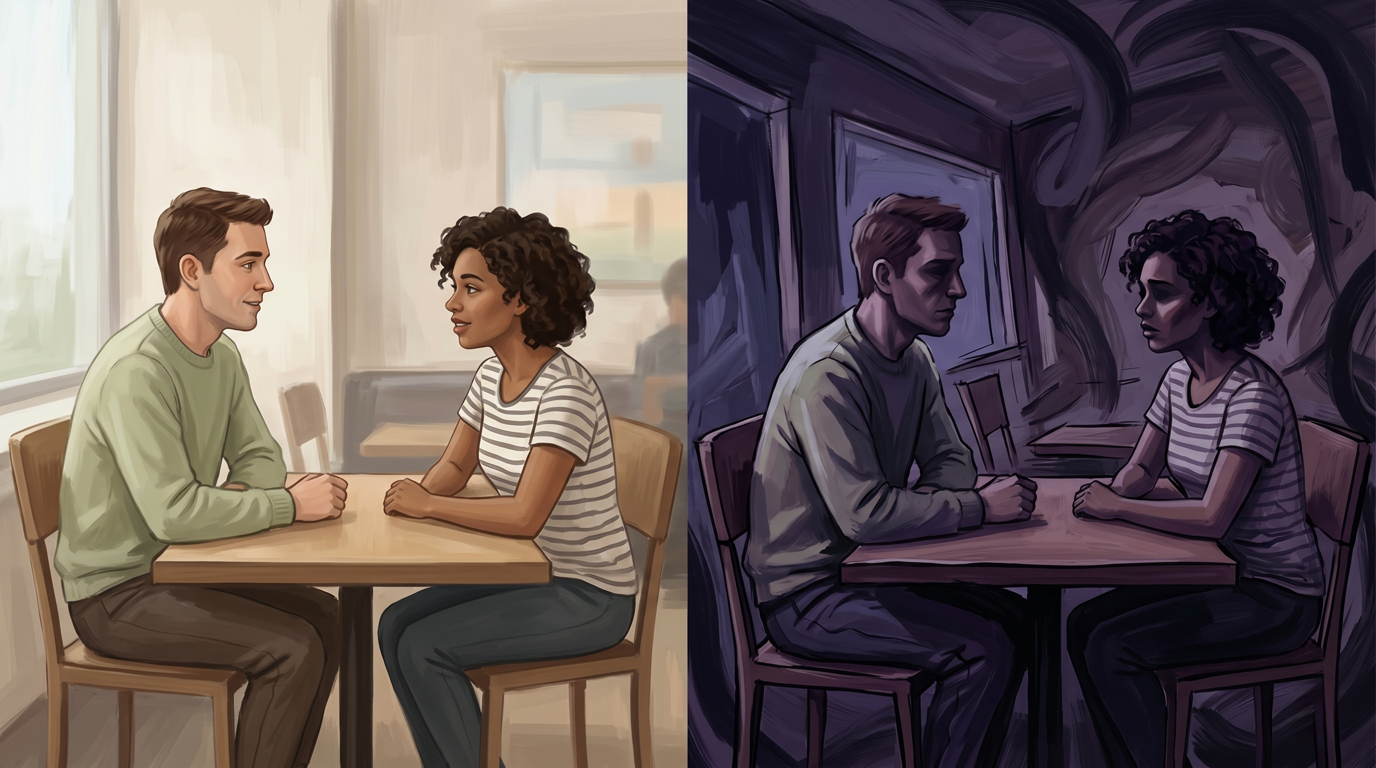 Split illustration showing how ADHD rejection sensitivity (RSD) distorts a neutral conversation into something threatening