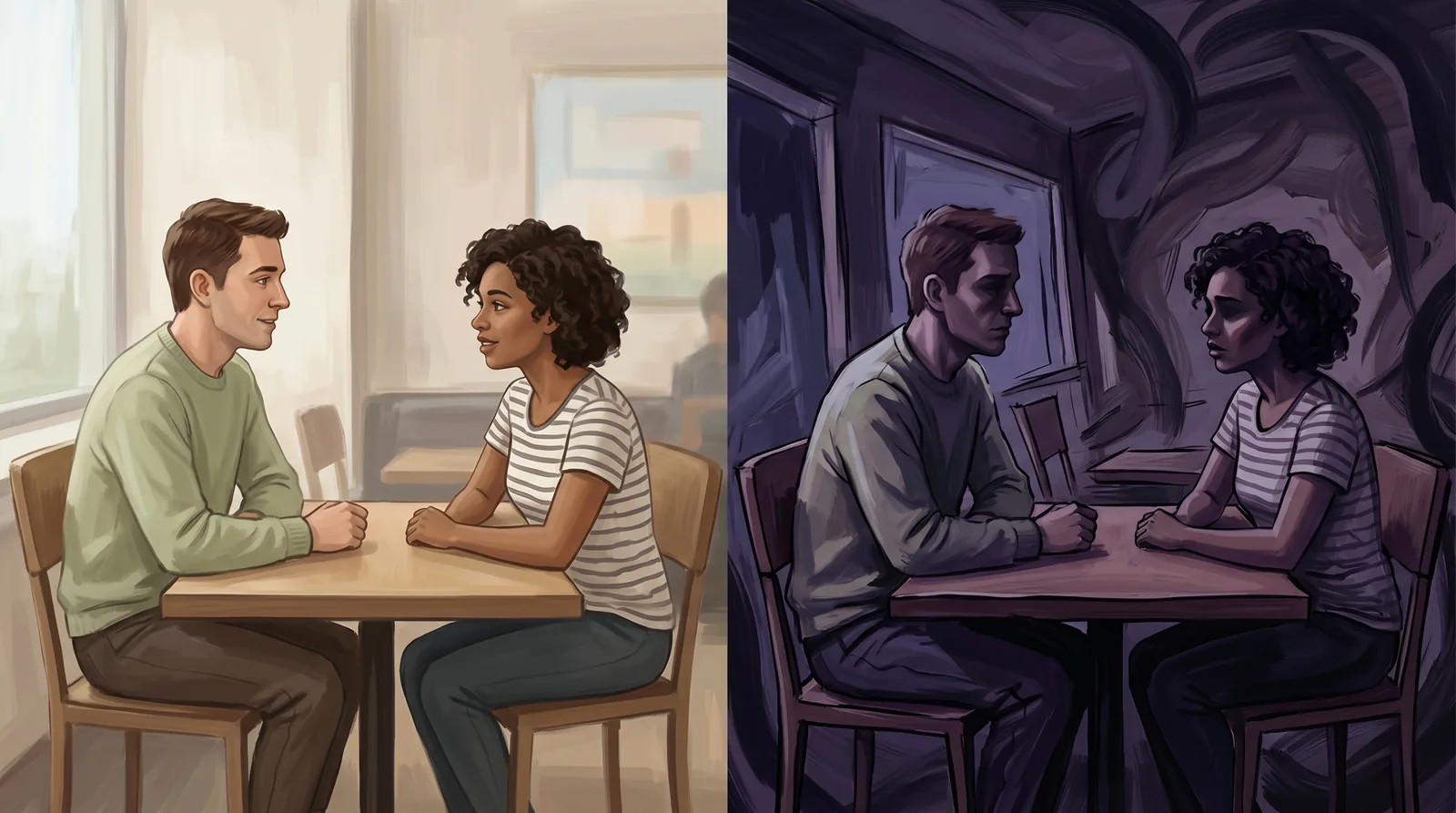 Split illustration showing how ADHD rejection sensitivity (RSD) distorts a neutral conversation into something threatening