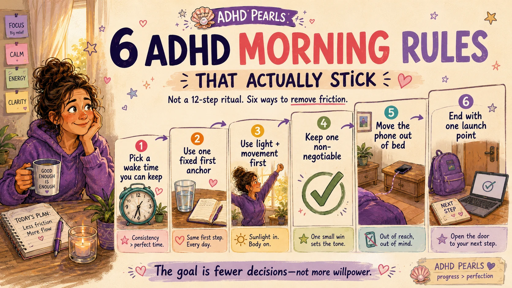 Six ADHD morning rules that reduce friction, including a realistic wake time, one first anchor, light, movement and a clear launch point.