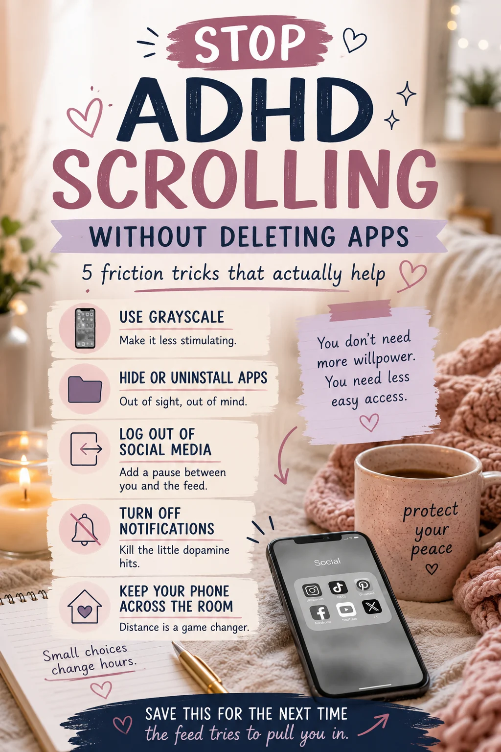 Pinterest pin with ADHD-friendly friction tricks to stop mindless scrolling without deleting apps.