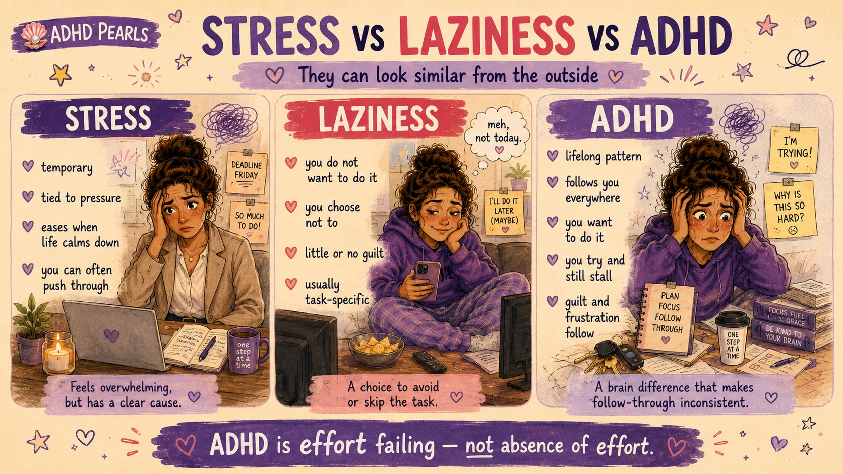 Comparison between stress, choosing not to do a task and ADHD executive dysfunction, including timeline, effort and guilt.
