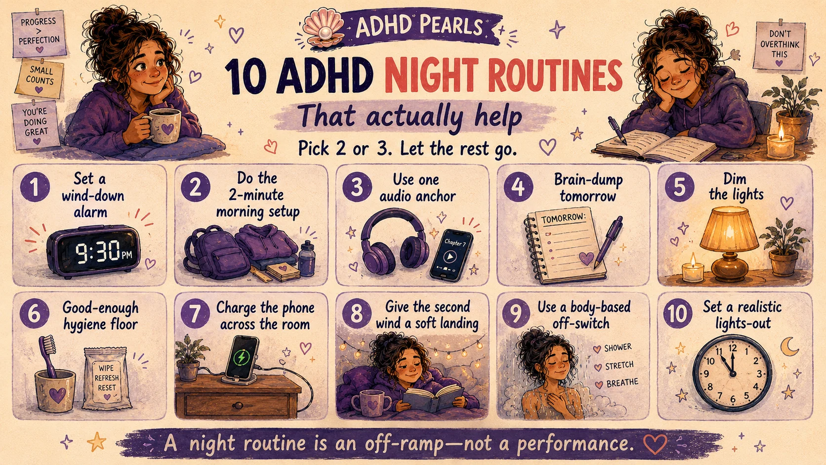 Ten ADHD night routines including a wind-down alarm, morning setup, audio anchor, brain dump, dim lights and realistic lights-out.