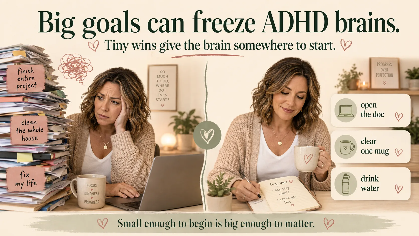 ADHD infographic showing how big goals can freeze the brain while tiny wins like opening a document, clearing one mug, or drinking water give the brain somewhere to start.