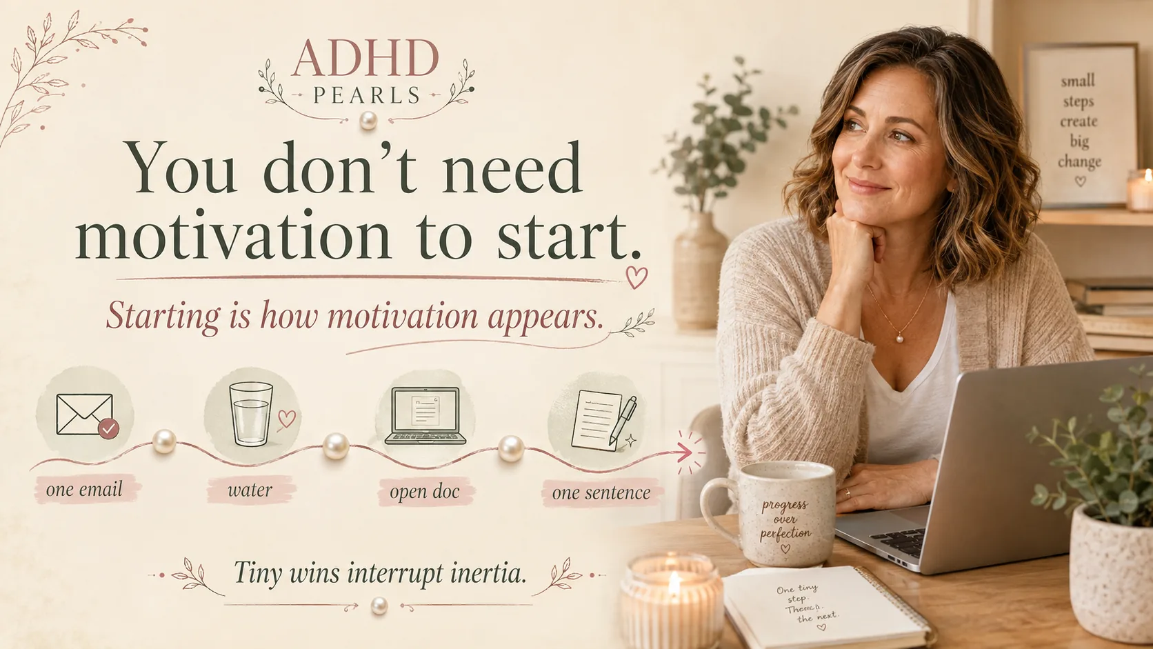 Woman with ADHD at a laptop with a visual chain of tiny wins showing that starting with one small action can interrupt inertia and create motivation.