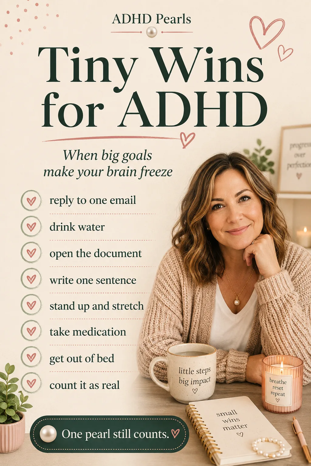 Pinterest pin for tiny wins for ADHD with examples like replying to one email, drinking water, opening the document, writing one sentence, standing up and stretching, taking medication, getting out of bed, and counting it as real.