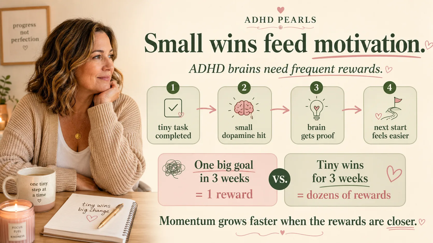 ADHD motivation infographic showing how a tiny completed task can create a small reward, give the brain proof, and make the next start feel easier.