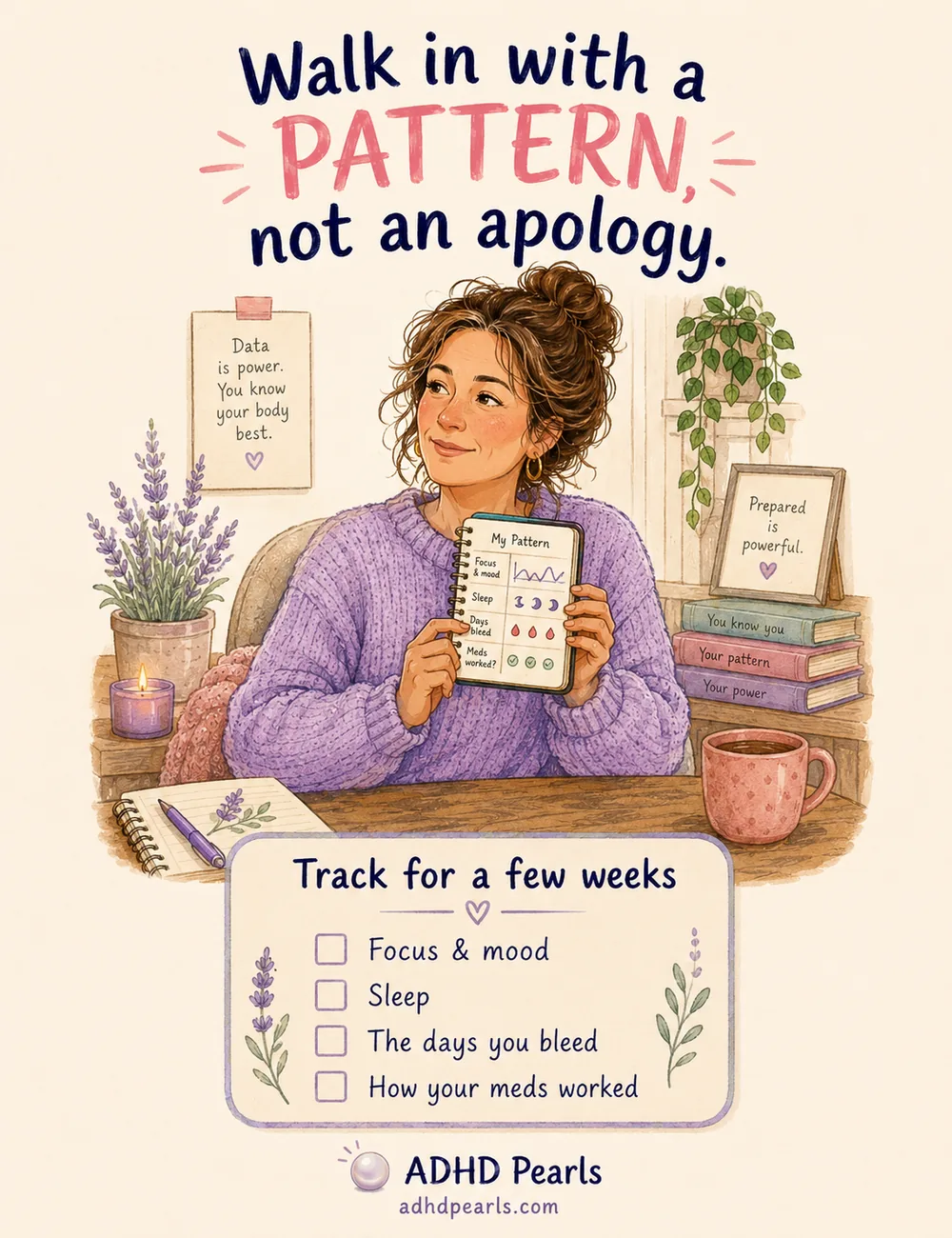 Illustration of a woman with a notebook tracking focus, sleep, cycle and medication to take to her doctor