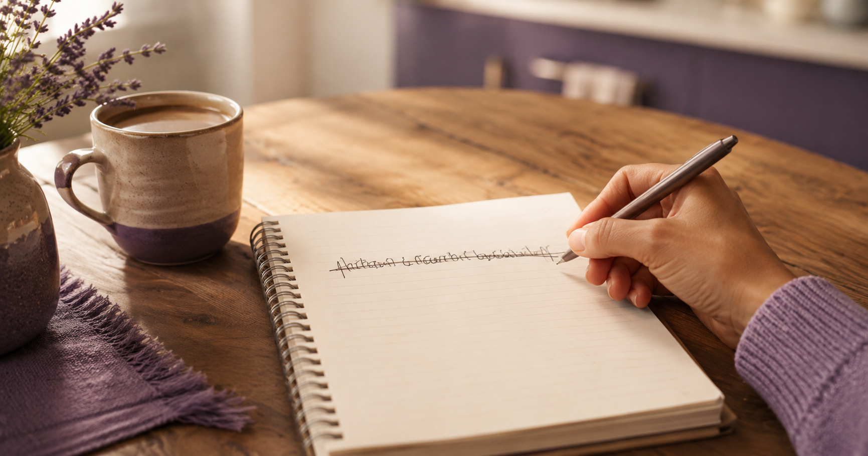A notebook page with a single messy, crossed-out first draft sentence, pen still in hand.